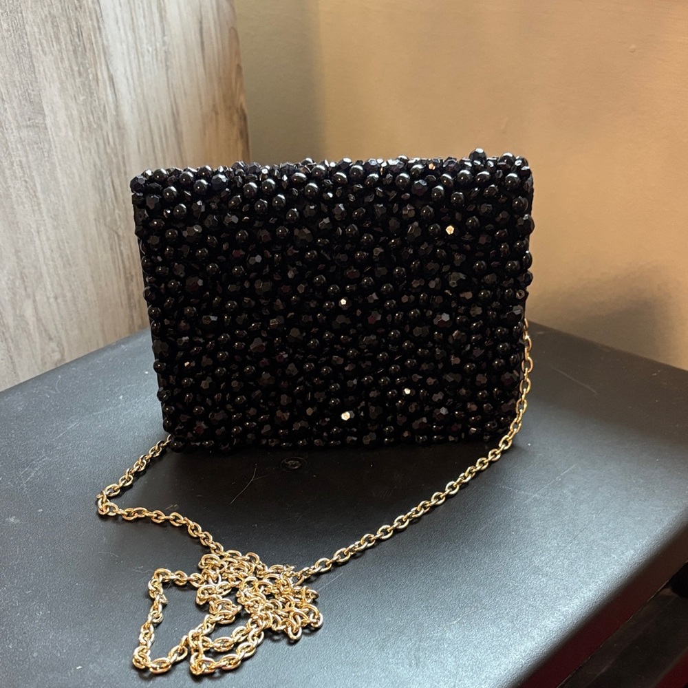 Banana Republic Black Beaded Clutch with Gold Chain